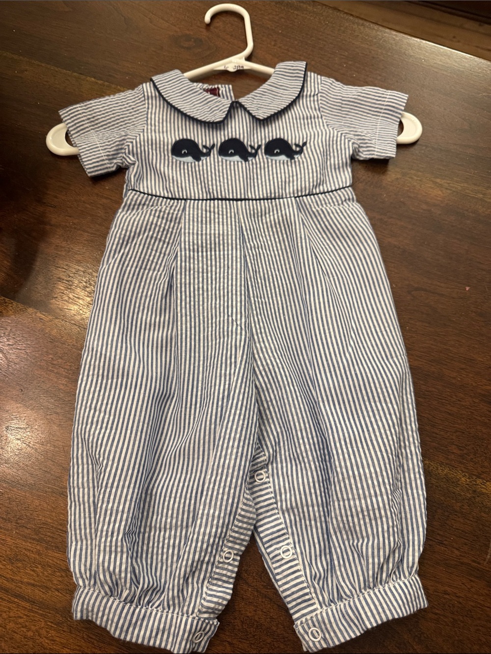 Blue Striped Whale Embroidered Baby Romper